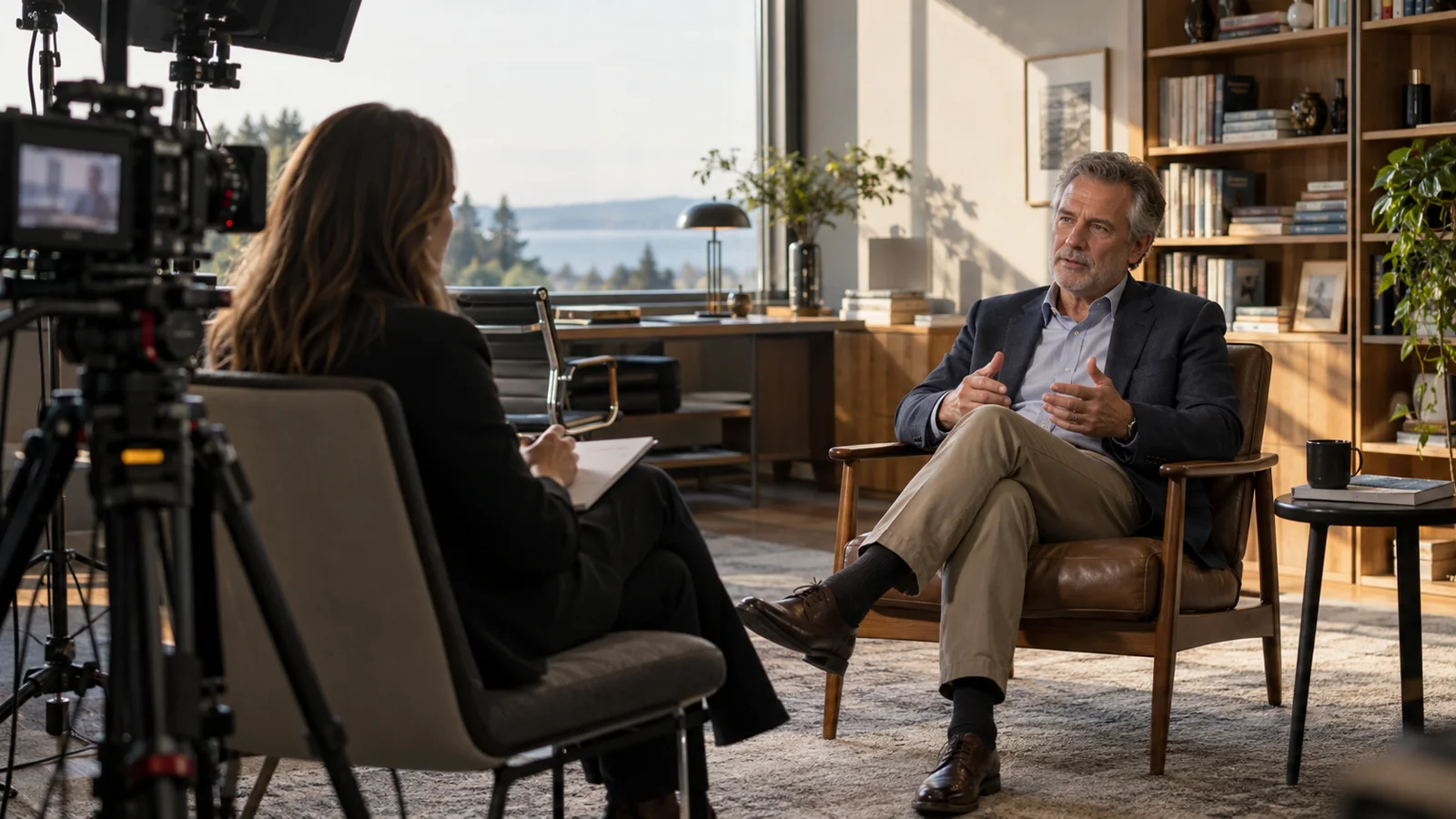 A fictional expert and interviewer during a carefully planned office shoot — editorial illustration