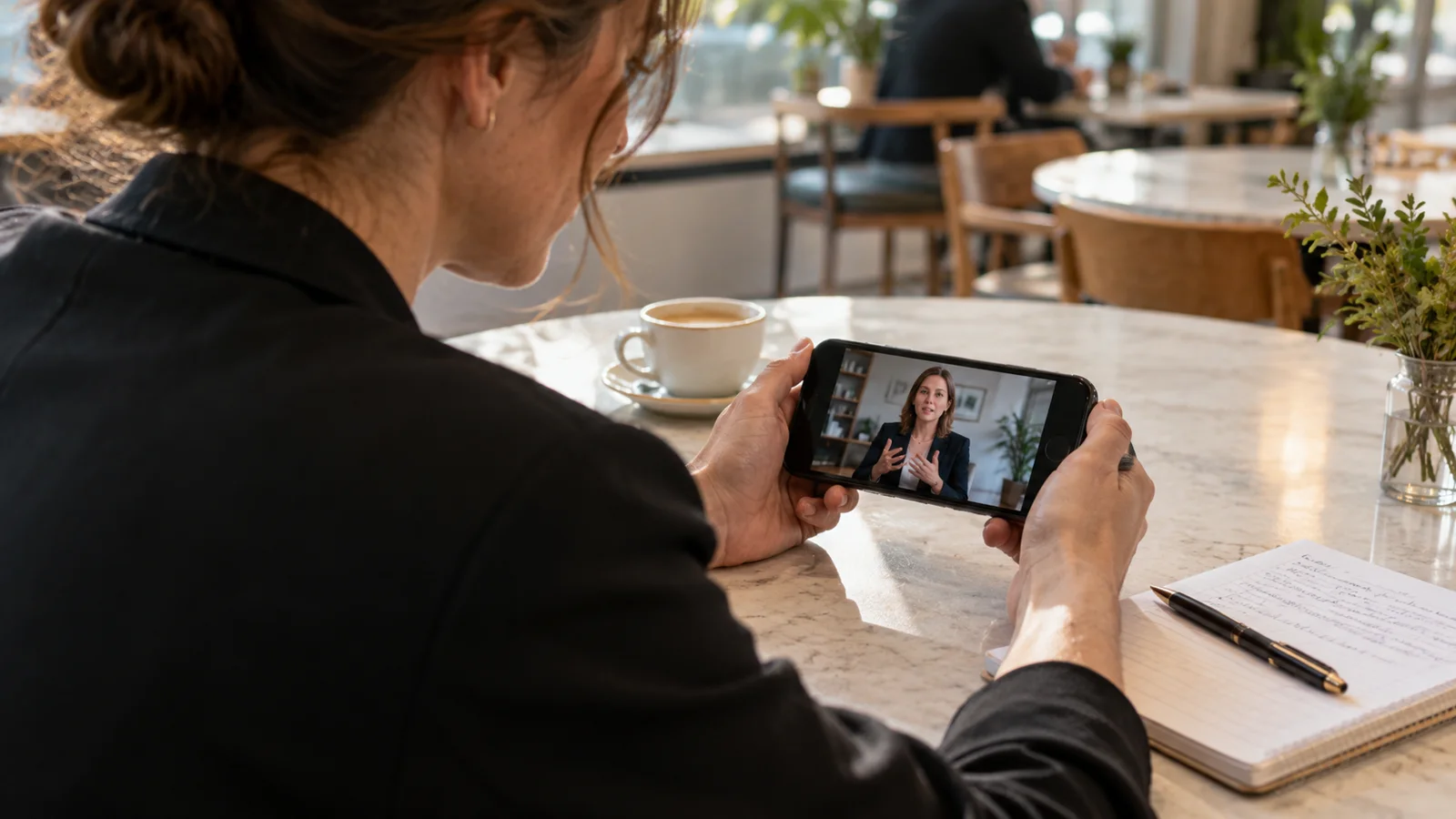 A fictional business owner viewing an interview on a phone — AI-generated editorial illustration