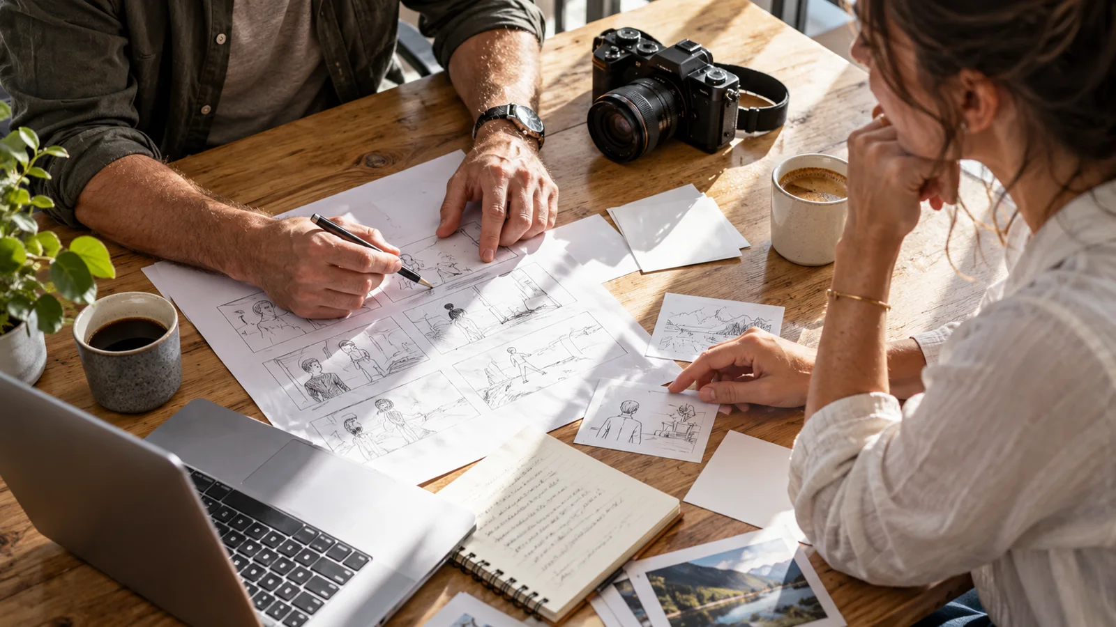 Fictional producers planning a shoot with a storyboard — AI-generated editorial illustration