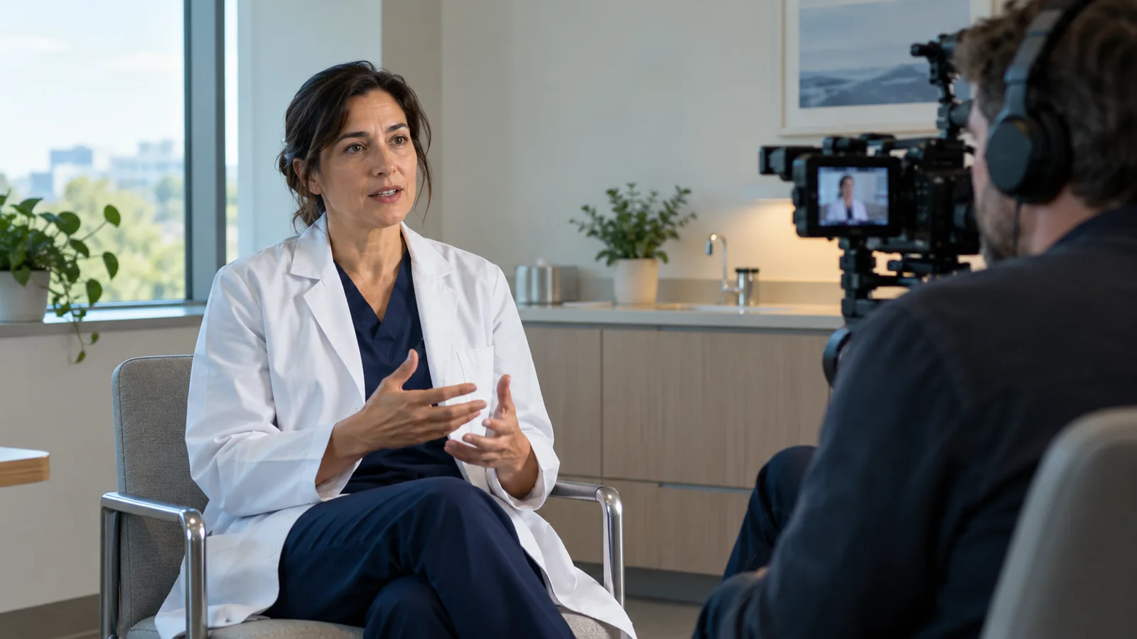 A fictional clinician in a controlled interview setting without patients — AI-generated editorial illustration