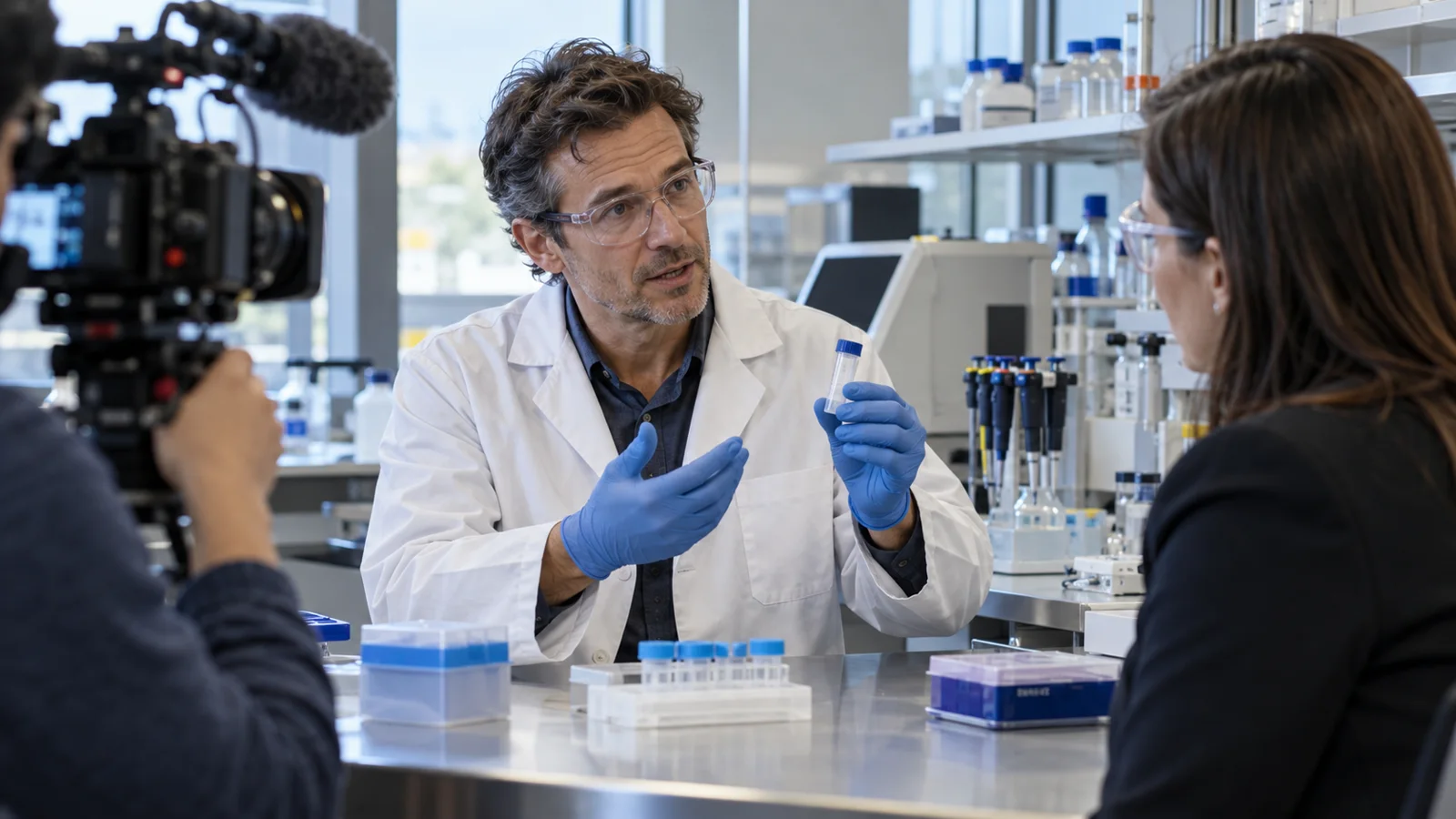 A fictional scientist explaining a demonstration sample to an interviewer — AI-generated editorial illustration