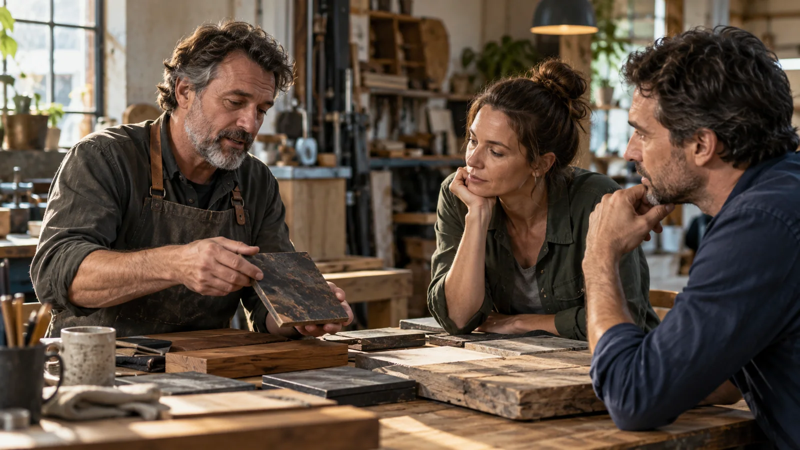 A fictional craft business owner explaining a material sample to customers — AI-generated editorial illustration