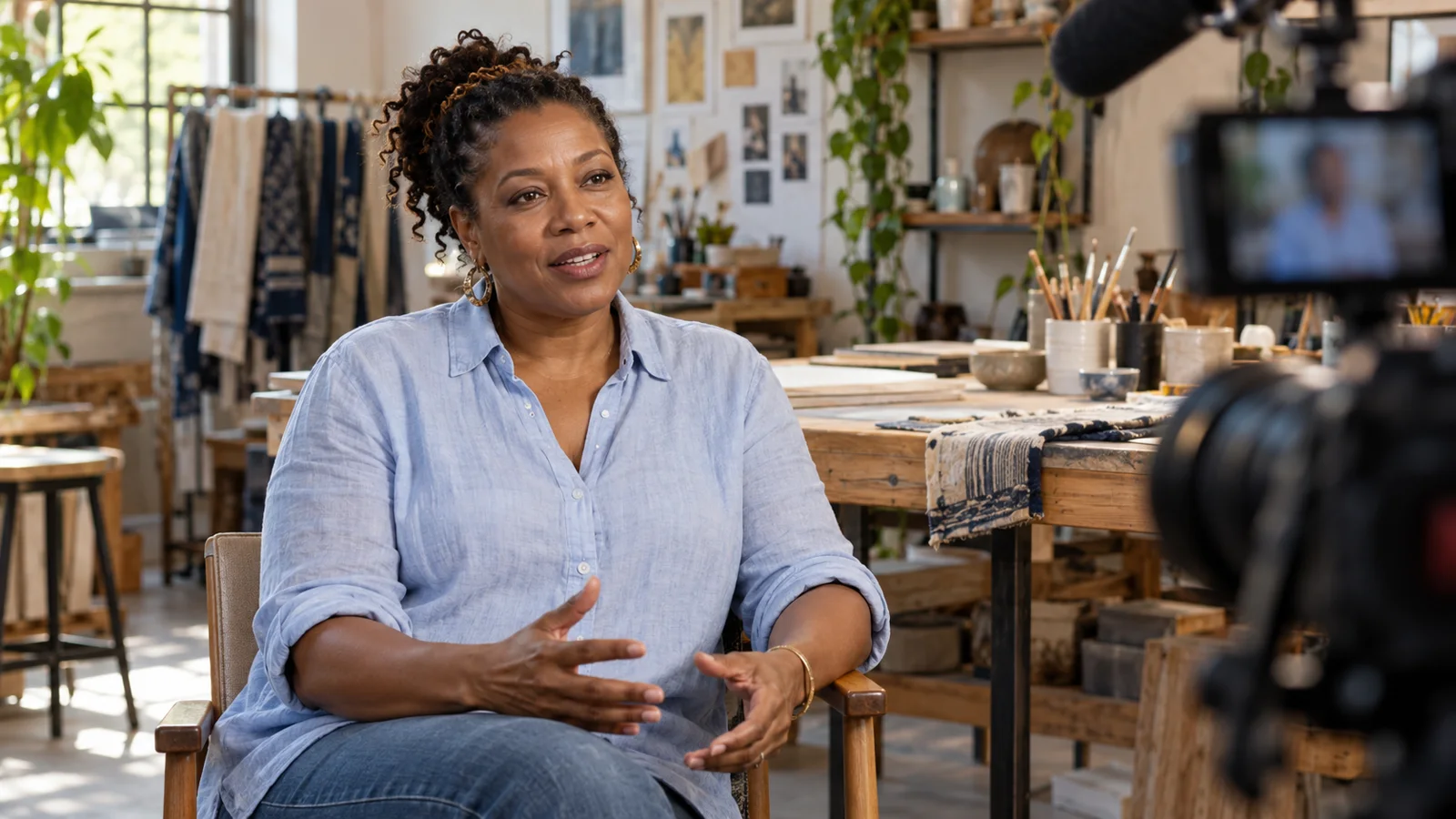 A fictional small-business founder being interviewed in her workshop — editorial illustration