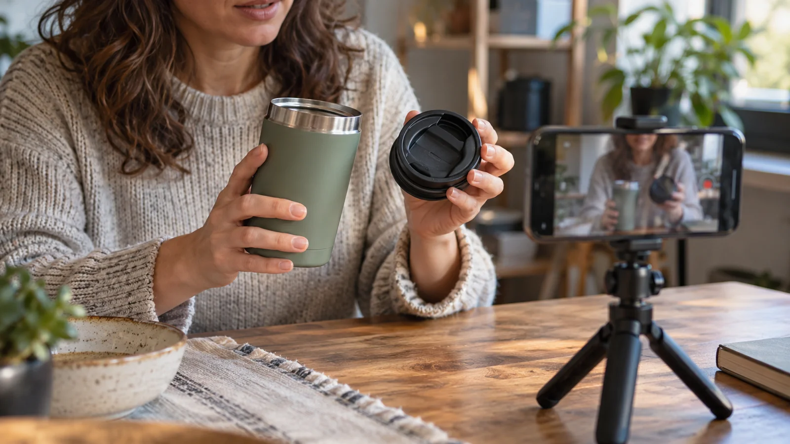 A fictional creator demonstrating an unbranded cup on camera — AI-generated editorial illustration