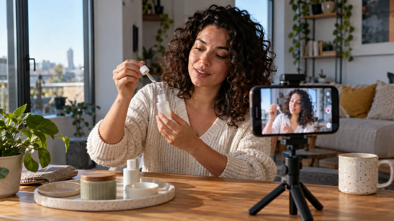 A fictional adult creator recording a product demonstration — editorial illustration
